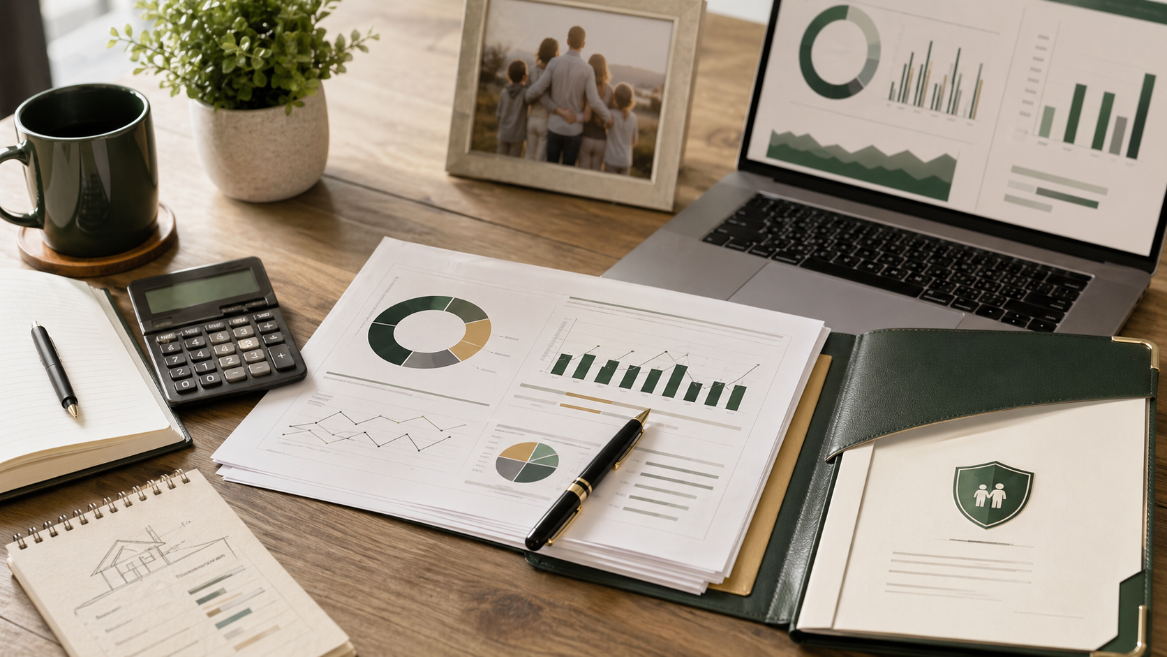 Financial review documents and protection planning materials on a desk